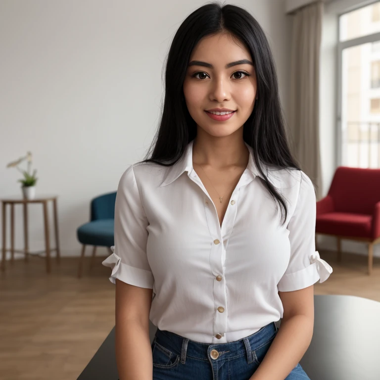 (best quality,8k,highres,masterpiece:1.2),ultra-detailed,realistic, HDR, studio lighting, vivid colors, bokeh, 1 Timor black hair beauty angelar:1.2, light skin, filipino, 35-year old, slender, wearing conservative office clothes, long-sleeve top with logo on shirt, jeans, short messy hair, mouth open with a smile, glance to viewer, ((head tilt left)), realistic skin imperfections, friendly and welcoming expression, sitting in an office, computer and Dubai skyline in the background, medium shot, from above, realistic hair texture
