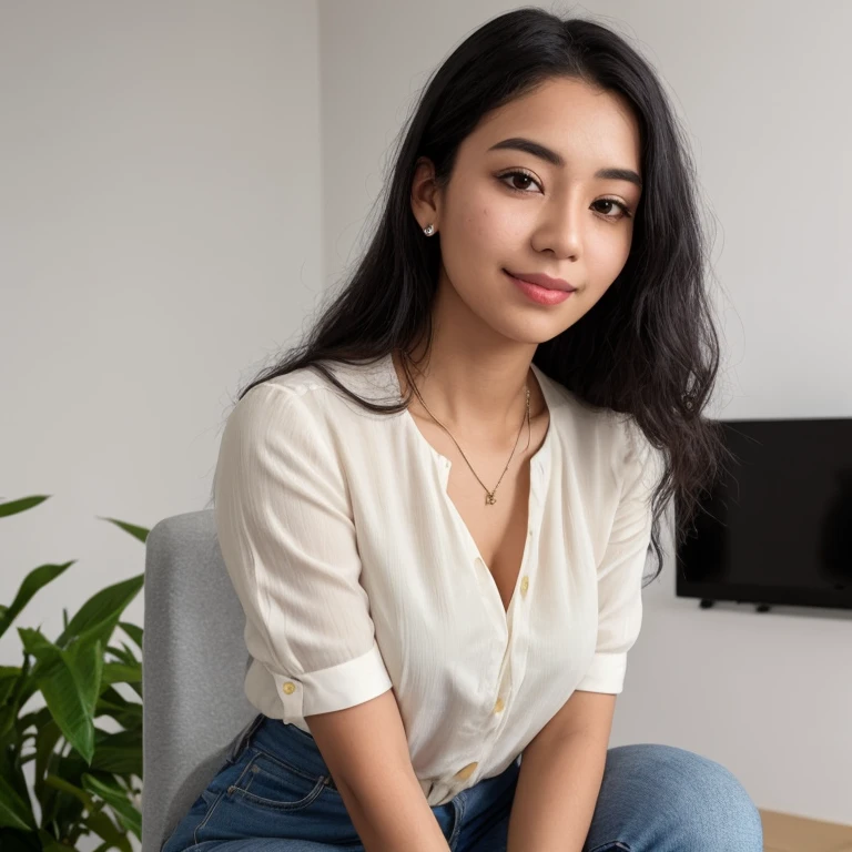 (best quality,8k,highres,masterpiece:1.2),ultra-detailed,realistic, HDR, studio lighting, vivid colors, bokeh, 1 Timor black hair beauty angelar:1.2, light skin, filipino, 35-year old, slender, wearing conservative office clothes, long-sleeve top with logo on shirt, jeans, short messy hair, mouth open with a smile, glance to viewer, ((head tilt left)), realistic skin imperfections, friendly and welcoming expression, sitting in an office, computer and Dubai skyline in the background, medium shot, from above, realistic hair texture