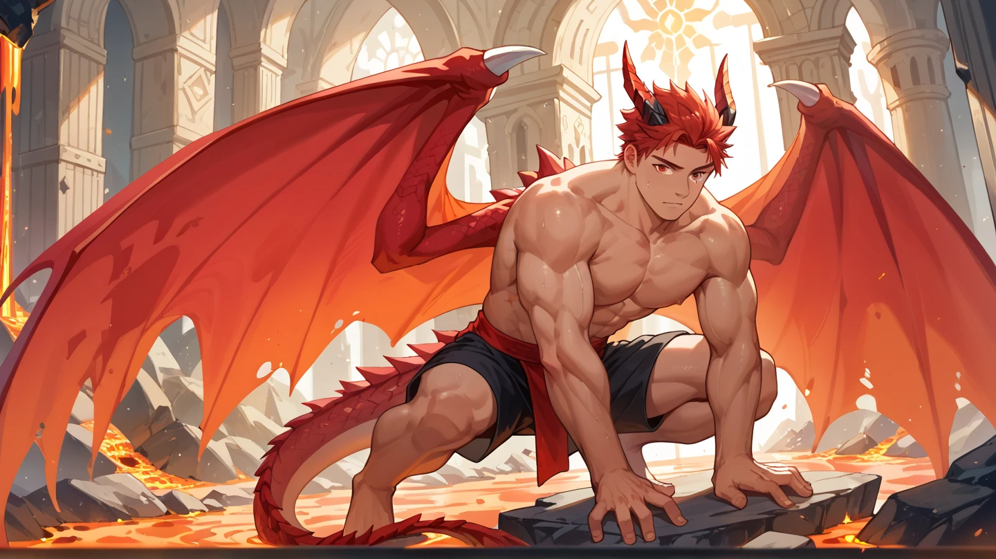 Huge muscles,((Huge erect penis)),Ashton,Robe,Red Dragon and Red Dragon,Two Dragons,紫のRobeに青いマント,Black Bandana,Her hair is chestnut brown and medium-long and straight.,Wield a small sword,,A crying face enduring pain,宝石の装飾がついたRobe留め,Bodysuits