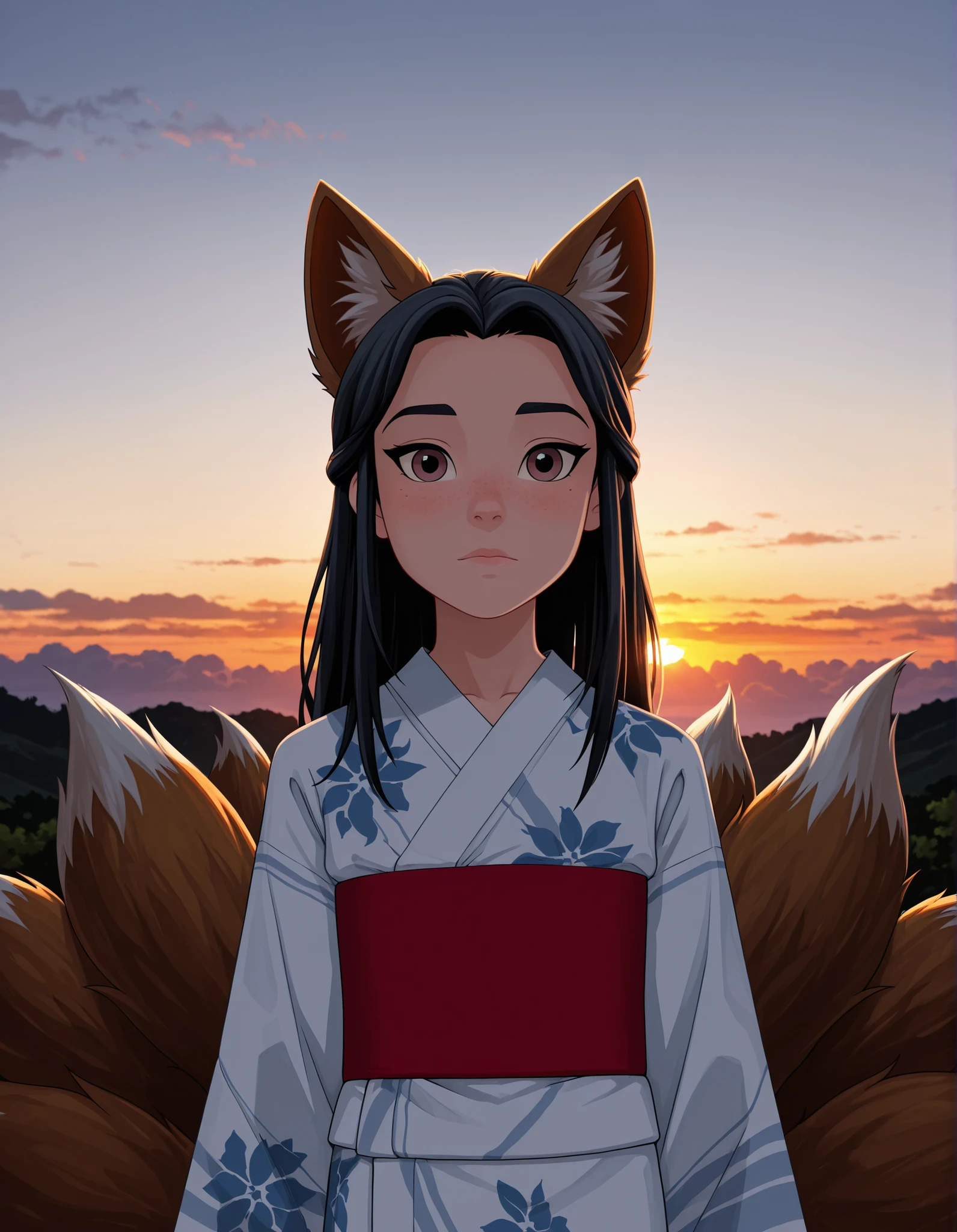 dr4g0n-style, 1girl, (skinny and frail:0.5), kitsune, looking at viewer, black hair, long hair, fox ears, multiple tails, yukata, sunset, (young), cinematic, detailed, contrast, masterpiece,best quality,amazing quality,