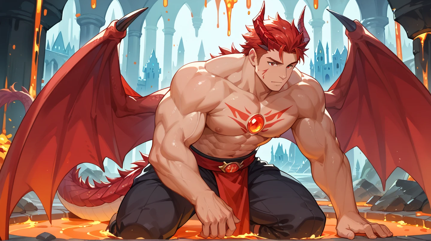 man, spiky red hair, anime style, smile, white skin, dragon claw hands, background inside a cave, hybrid, half human half dragon, red scales