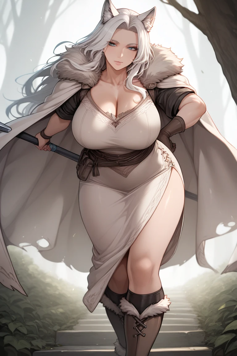 milf, 30 years old, (highres, masterpiece:1.2), white hair, robe, grey robe, huge breasts, thick thighs, standing, pelvic curtain, thighhighs, v-neck, strapless dress, blue eyes, smile, long hair, (layered dress, elaborate clothing), ponytail, snow, forest in background, blue dress, cape