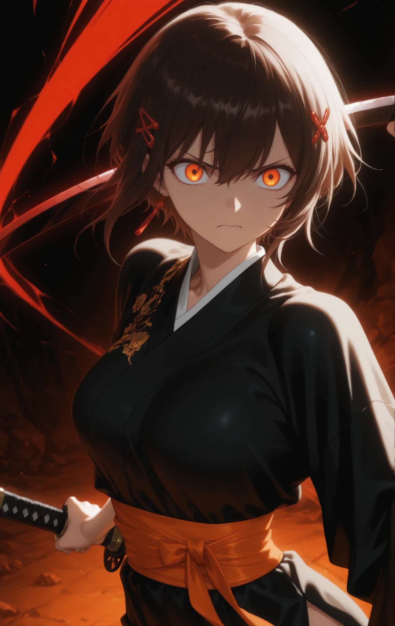 masterpiece, good resolution, HD Quality, newest, good lighting, good anatomy, good resolution, safe, . beautiful, anime, Japanese girl. delicate features. Dark Brown Hair and Short Hair, Hairstyle, hair pins. Intense orange eyes. piel clara, medium breasts size C, slim build. He is 20 years old, She measures 1'59 cm , Wearing traditional Hanfu. looking at the spectator, Alone, energetic chaos, horror environment . black background, red neon lines, orange and yellow. offensive stance. 1 black blade Katana, red brands.