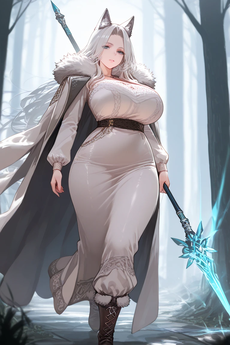 milf, 30 years old, (highres, masterpiece:1.2), white hair, robe, huge breasts, thick thighs, standing, pelvic curtain, thighhighs, v-neck, strapless dress, blue eyes, smile, long hair, layered dress, elaborate clothing, ponytail, snow, forest in background