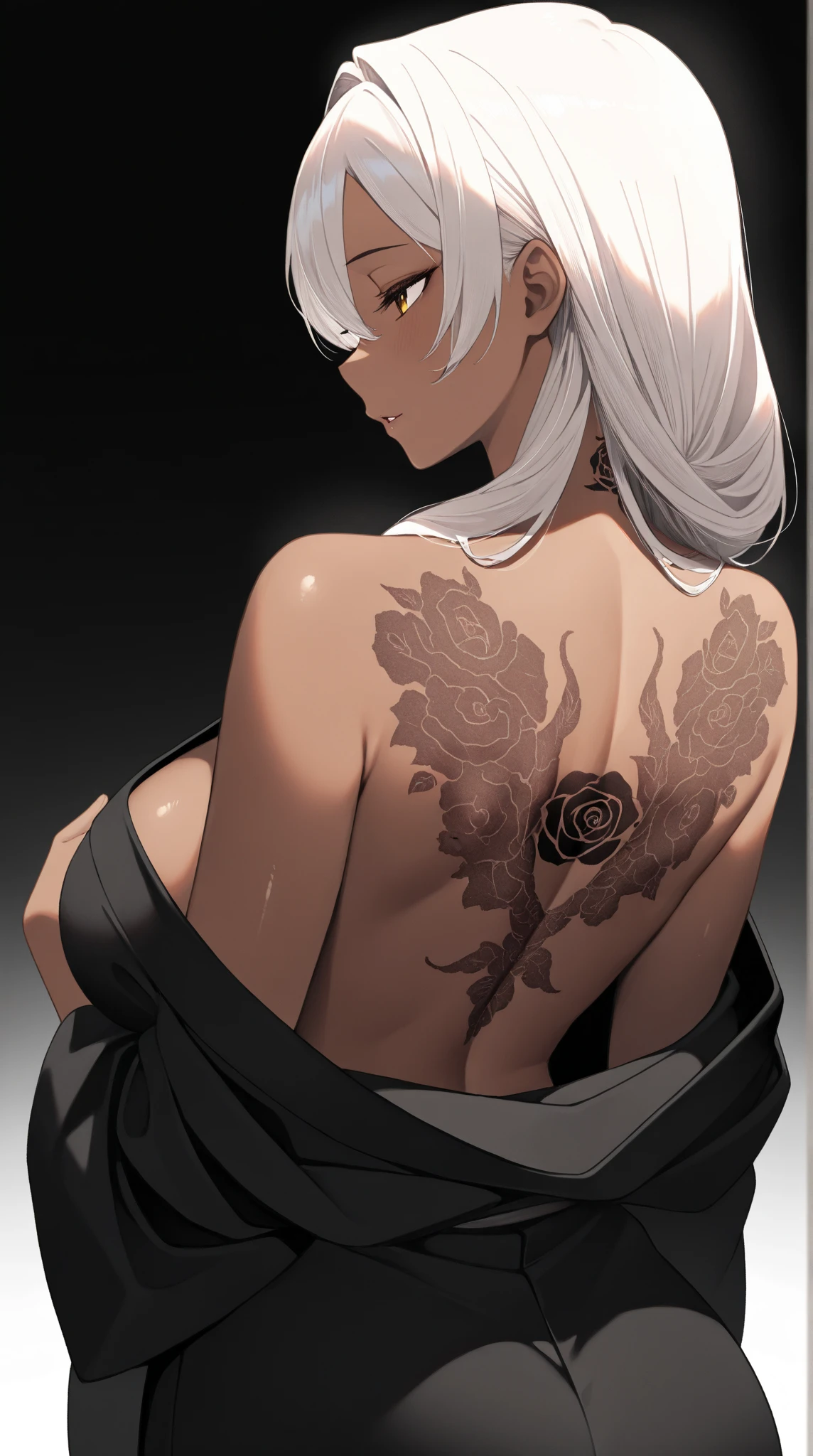 Gray Hair、Green Eyes、His right arm is a pitch black crystal prosthetic.、solo, Lady、Back view、Tattoo all over the back、Rose Tattoo、Stick your butt out with your hands on the wall