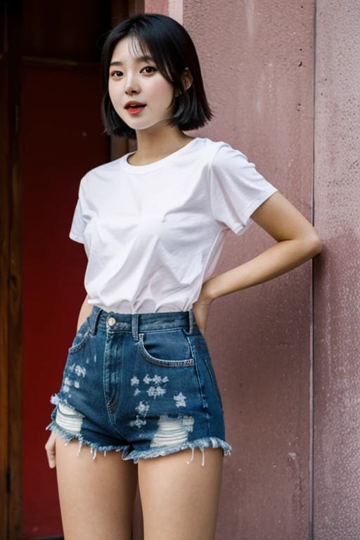 Lena is a 20-year-old beunwtte girl with waist-length black hair, short stature, medium breasts and a beautiful face. She is wearing a long white T-shirt and really short jeans. She has a beautiful and sweet face. Her slender short legs and athletic sneakers are visible. Her T-shirt is tied in a sexy knot. She has a square hairstyle