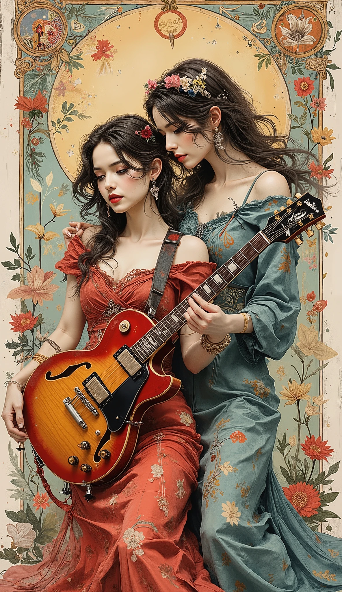 ((最高品質)), ((masterpiece)), ( 詳細),two female persons, guitarist & vocalist  , 　,30yers old, beauty, information(masterpiece, Best Quality, bst quality, Official Art, beautiful and aesthetic :1.2), ( 1 girl), Extremely Detailed ,( Fractal Art :1.3),colorful, Best details,　Floral frame， Decorative panel， Alphonse Mucha , black Hair, blue Eyes 、zodiac,　Elegance, clear, Elegant, playing a fender electric guitar , slim legs, super low angle,