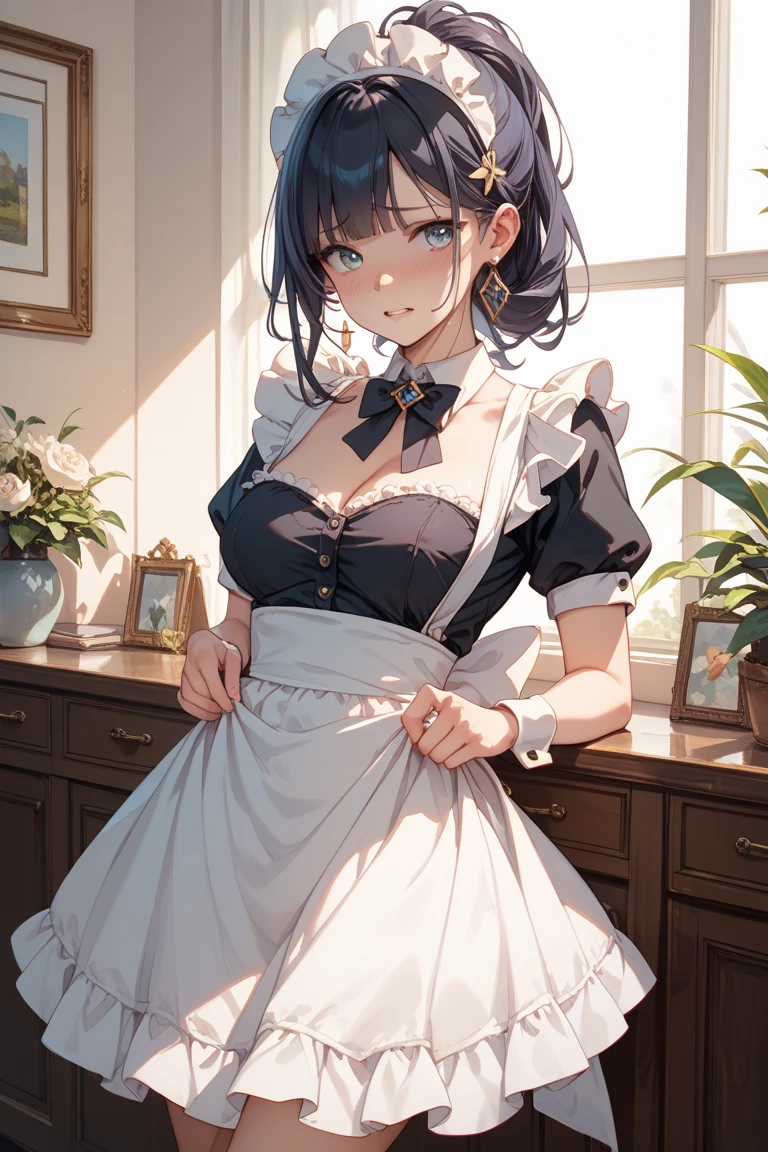 1girl, natural lighting, masterpiece, highly detailed, illustration, game CG, absurdres, high quality, aichan, glossy lips, large breasts, blue eyes, beautiful detailed eyes, short brown hair, side braid, maid, short puffy sleeves, collarbone, choker, small maid apron, lips parted, hands on hips, thigh highs