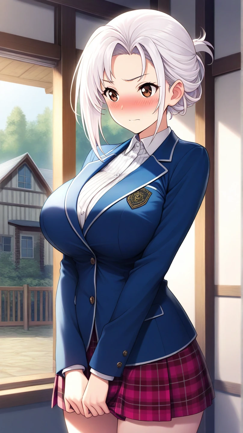 Huge breasts、Gray Hair、Very short hair、blue eyes、Narrow waist、blazer、slacks、necktie、Tall、Red cheeks、Perm、Put your arms behind your back、smile、Confident