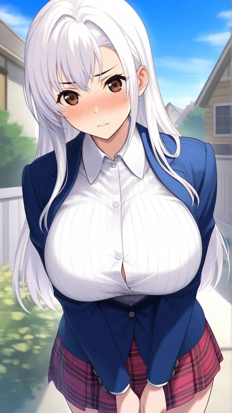 work of art, best qualityer, extremely detaild, 1 45 year old woman , melhorar, milf, standing alone, (dark brown skin:1.8), peru, (gigantic breastss:1.1), ((((White hair), long hair, purples eyes, slitted pupils))), parted lips, (((tied shirt, clothes open, 比基尼, leopard print, pleatedskirt, pantyhose))), ((blush, mischievous grin), cloused mouth), ((hands on your hips, school roof))