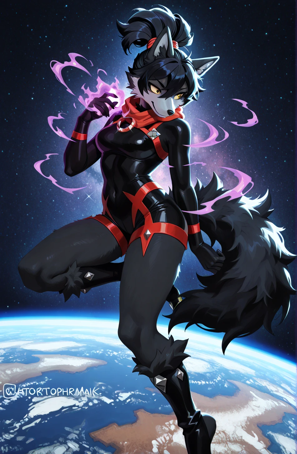 Protogen, pelaje ????? y ojos rojos, pelaje suave, cuerpo detallado,sosteniendo una espada con la mano ,cielo oscuro, estrellas, luna llena, anochecer