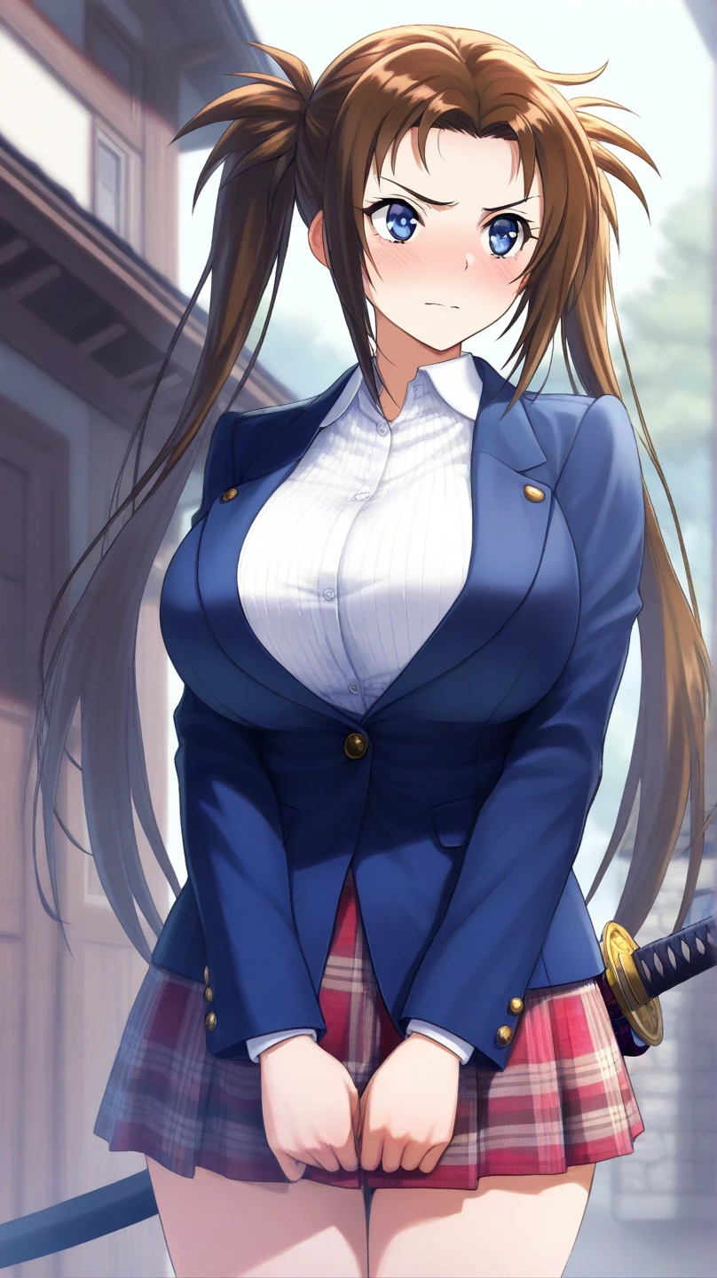 create an anime girl with a with a low neckline and a miniskirt and with a samurai sword in a luxurious school landscape and who is 18 years old