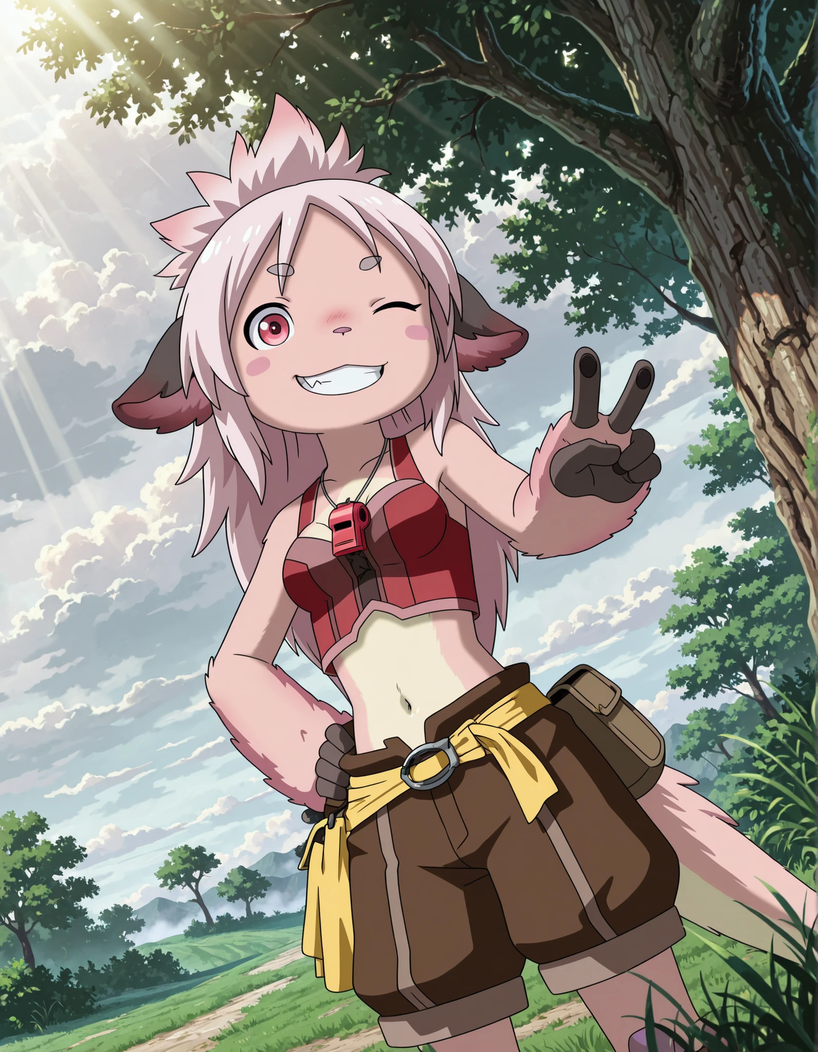 dr4g0n-style, masterpiece, best quality, amazing quality, very aesthetic, absurdres, 1girl, solo, no headwear, miabyss, mitty \(made in abyss\) \(furry\), \(made in abyss\), narehate, furry body, human face, pink hair, spiked hair, long hair, red eyes, , pink tail, petite, red whistle, whistle around neck, , brown shorts, red tank top, furry hands, long black fingers, pink animal ears, blush stickers, yellow sash edgeofabyss, cloud, fog, grass, plant, tree, sunbeam, hand on own hip, grin, looking at viewer, dutch angle, double v, one eye closed, midriff