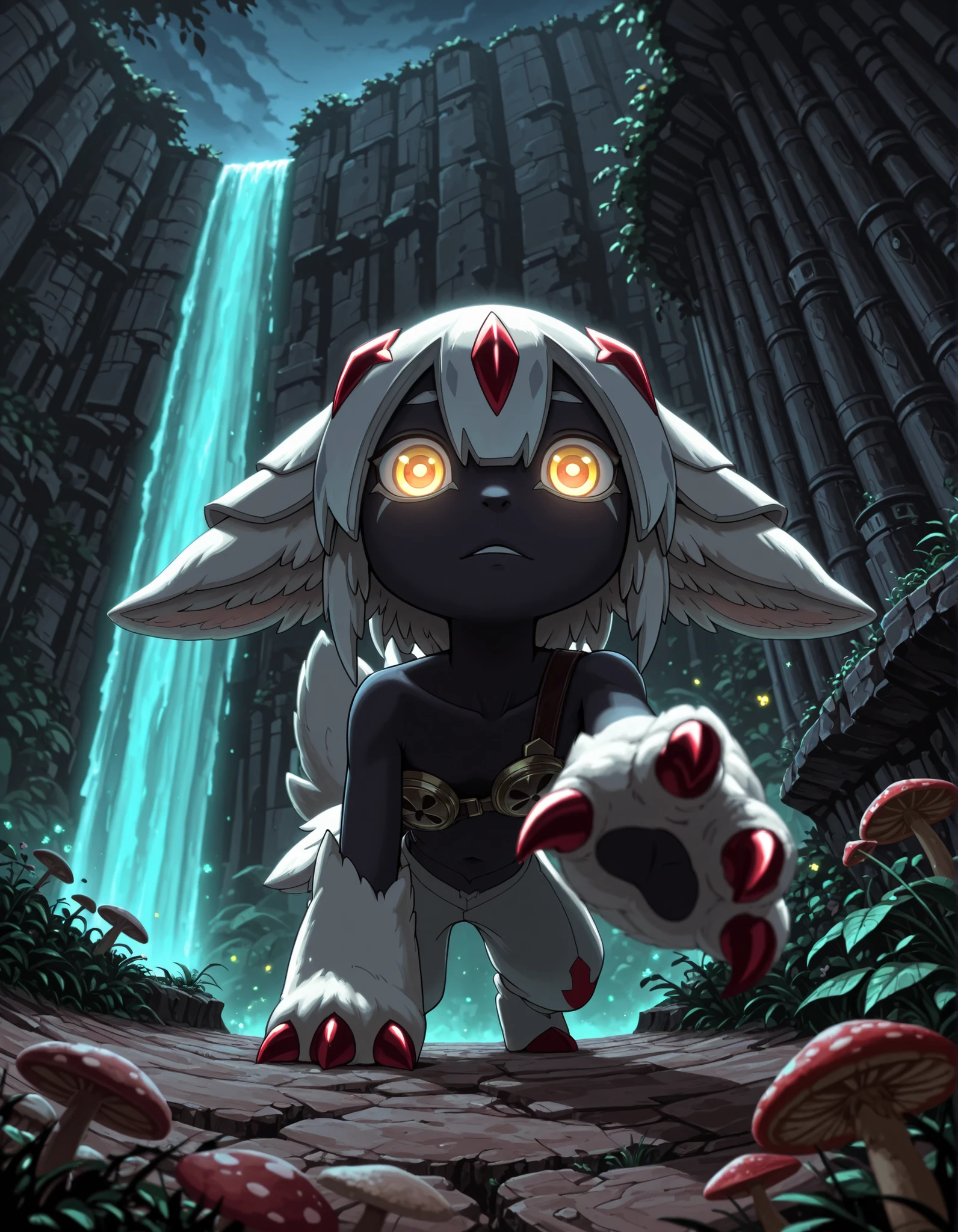 dr4g0n-style, solo, (faputa), looking down at viewer, under surface view, low-angle view, reaching towards viewer, glowing eyes, claws, BREAK, masterpiece, best quality, made in abyss, restricted palette, pixel \(artwork\), detailed background, depth of field, shadow, magenta light, cyan light, dark night, cliff pillar, runis, plant, waterfall, mushroom, flower, ambient firefly