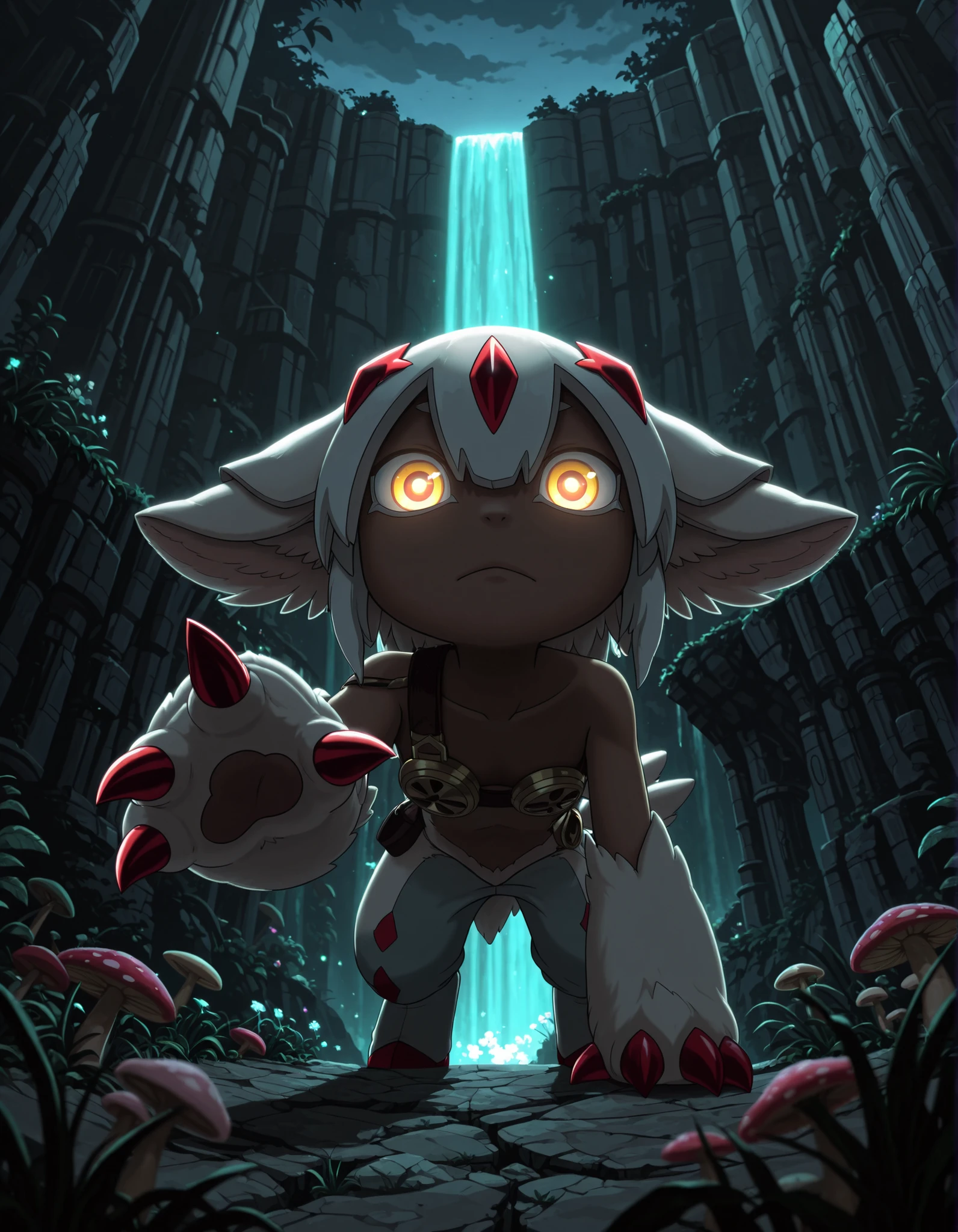 dr4g0n-style, solo, (faputa), looking down at viewer, under surface view, low-angle view, reaching towards viewer, glowing eyes, claws, BREAK, masterpiece, best quality, made in abyss, restricted palette, pixel \(artwork\), detailed background, depth of field, shadow, magenta light, cyan light, dark night, cliff pillar, runis, plant, waterfall, mushroom, flower, ambient firefly