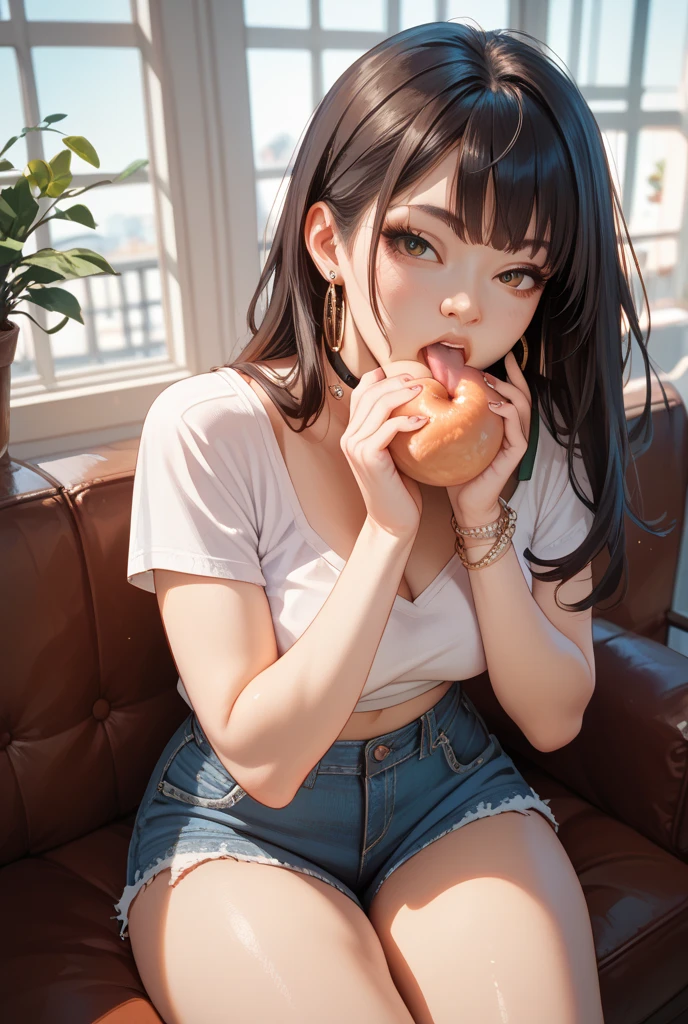 young woman, wearing crop top, zerissene lange jeans, enge Jeans, light skin, brown eyes, Eyes look straight ahead, Eyes are almond-shaped, shoulder long hair, black hair, oily hair, eats fast food, Woman lying on the bed, messy, Woman East 1,60 meters tall, Weight 75 kilograms, soft skin, flabby skin, plump, belly peeks out, soft cheeks,