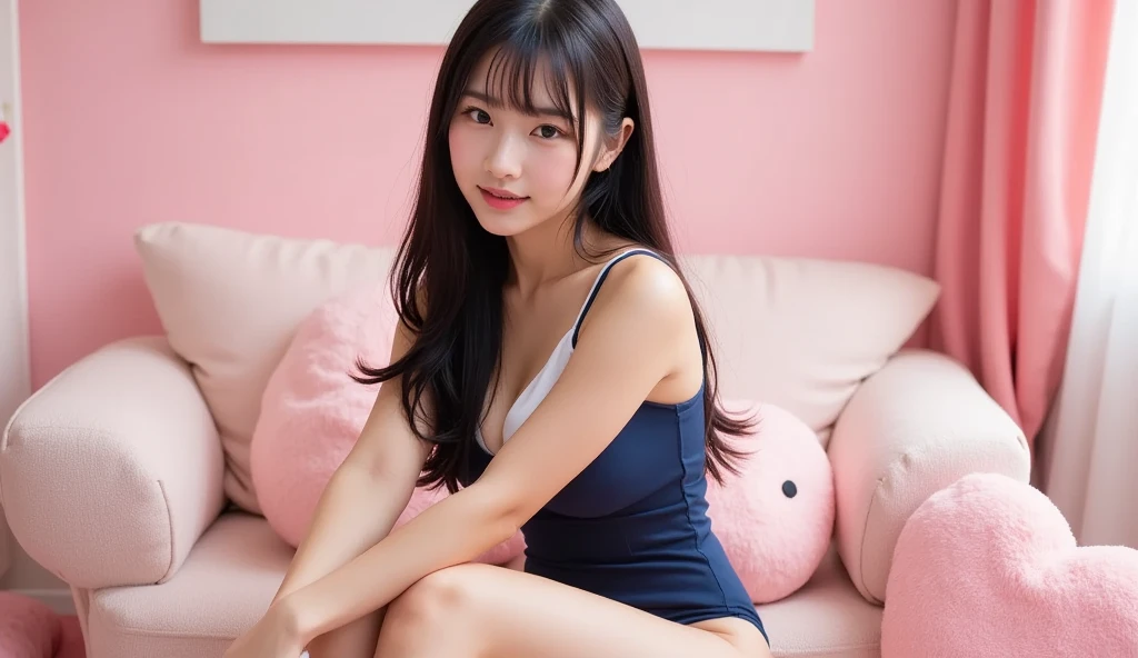 {Highest quality}、{so beautiful}、{Highest quality}、{Best illustrations}、super high quality、Japanese Girls１people、Casual clothing、mini skirt、Blue panties、Attractive thighs、Spread your legs wide、Open your chest wide、Face of joy、Small breasts、smile、No underwear、Sitting、Raise one leg、No underwear、Fold up the hem of the skirt a little