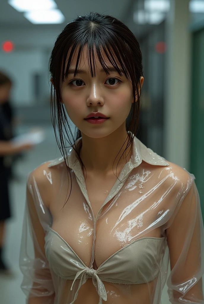 best quality、8K、masterpiece、Ultra-high resolution、Clear photos、Practical photos、Practical、detailed、concentrated、Professional lighting、Very cute girl、beautiful girl、Smile、Very short hair、Ultra-slim、Delicate body、(Small Breasts:1.6、flat chest:1.6)、(Large and erect nipples)、Tight waist、(Wearing a wet white vest、(Soaked))、Full body image、((Take a crowded train:1.8)、Standing in the aisle、Holding the belt、Crowded inside the car)、(Surrounded by middle-aged men、Intimate physical contact with men)