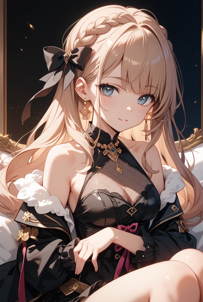 最high quality、best image quality、masterpiece、girl((18-year-old、 By becoming、vest bust、medium bust,wide open breast tea、red glowing eyes, blonde、messy hair、long hair、thin,highest valley、Show the whole body、black cheongsam、open chest、black wristband、red high heels、sexy、smile、Leaning forward、rose hair ornament、girl)),high quality、beautiful art、background((Bright Town、cherry blossoms、beautiful blue sky))、Flight、debris flies、Depth of written boundary、movie、visual art、perfect art、8K,genuine、