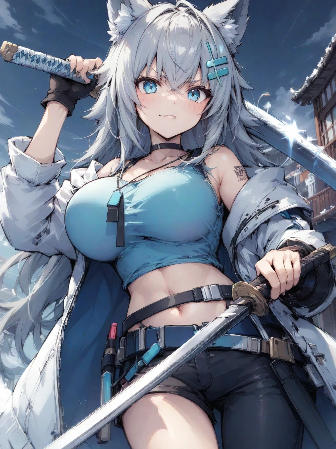 1 skinny girl, solo, light blue hair, (red and purple heterochromia), (red left eye and dark purple right eye:1.4), bending back, looking at viewer, BREAK, black plunging neckline short dress, dark yellow cropped jacket, black thighhighs, BREAK, (bouncing unaligned huge breasts:1.5), cleavage, very short torso, (inconceivably narrow waist), thin long legs, BREAK, holding a spear, BREAK, nsfw, (show off crotch:1.4), (excessive pussy juice:1.3), BREAK, desert, desert storm, strong wind, rocks at background