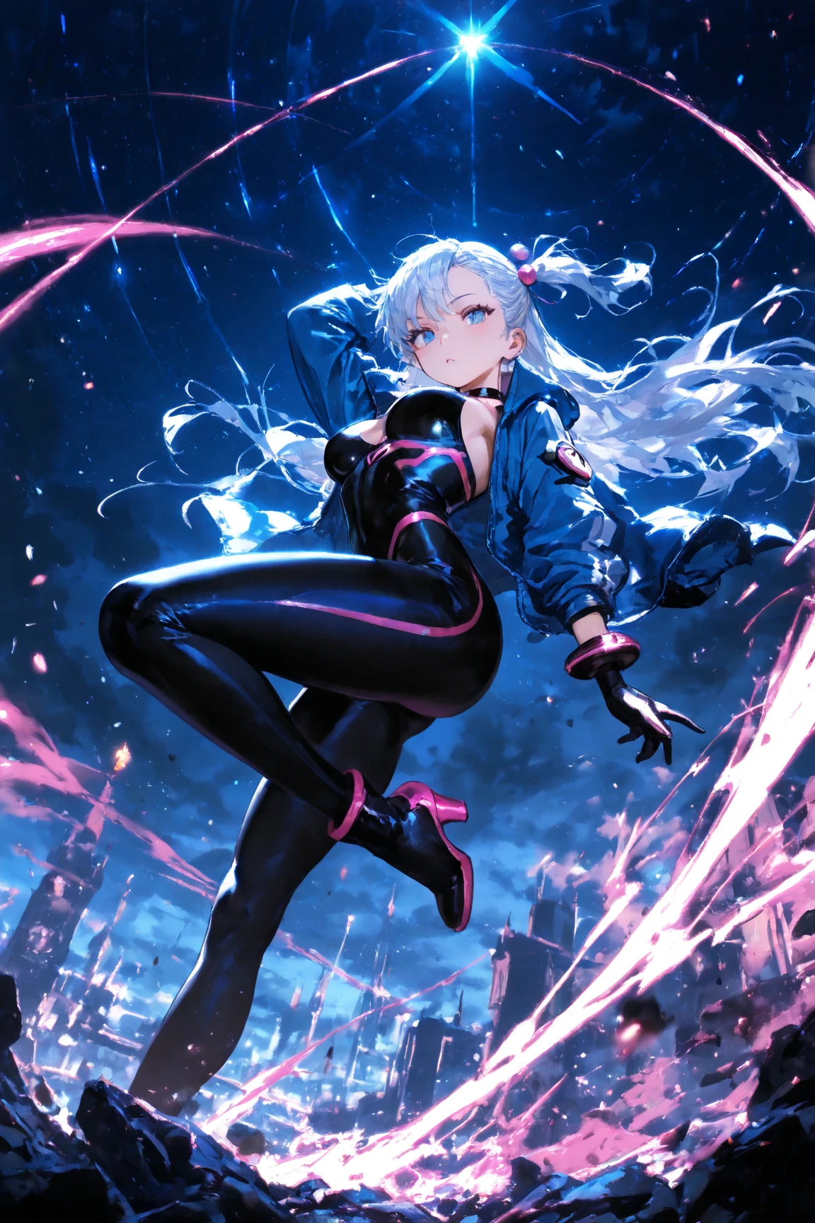 anime style beautiful woman, masterpiece, best quality, highres, 1girl, solo, superhero, leotard, bare legs, boots, matching boots, aura, blue aura, sleeveless, gloves, bracelets, matching gloves, looking at viewer, light particles, city backdrop, perfect hands, perfect eyes, powering up, perfect leotard, super-spin, spin, twirl, tornado spin, dust particles, wind particles, swirls, tornado swirls, super-speed,