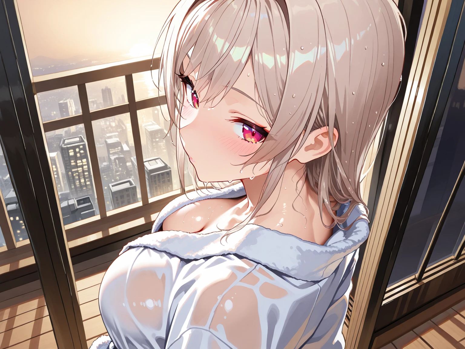 woman１people、非常に長い黒髪のwoman、Spectacular views、Night Scene、The view from a high floor of a tower apartment、Full moon night sky、swirling starry sky、８K、Best Quality、The whole body is in the photo、Like the night view of Tokyo、womanはミニスカートで股間が見えている、She is wearing white panties with beige floral embroidery.、The cleavage is visible、womanは巨乳、Large areola、The color of the areola is pink beige、Knees up、He has an excited face、Drooling、My crotch is wet、The labia majora protrude、Collared、The collar is chained to the wall