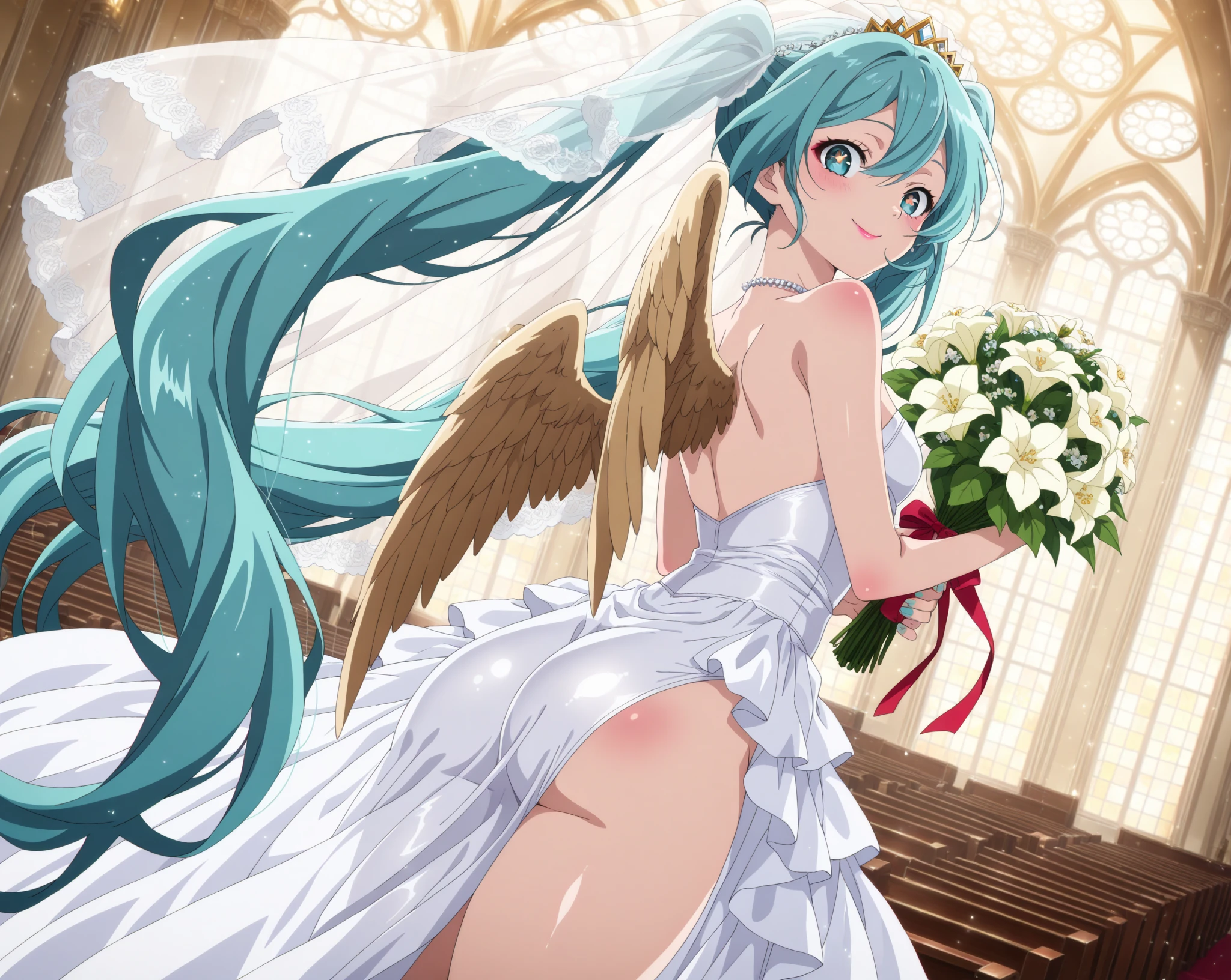 Elementary school height, small, short, small breasts, ponytail, green hair,green eye,((uncensored)),((pussy)),exposed breasts, ((pink nipples)), ((white garter belt)), ((white stockings)), ((wedding veil)), (orgasm), (((collar for dogs))),((watery eyes)),((pussy juice)),((spread pussy)),((Peeing and squirting)),((see through white wedding dress)),1 boy,((((a boy is grabbing girl’s breasts from behind)))),slant eyes,furrowed brow,child,elementary school student,baby face,blush,embarrassed,arms up,chikan,molestation,nipple piace