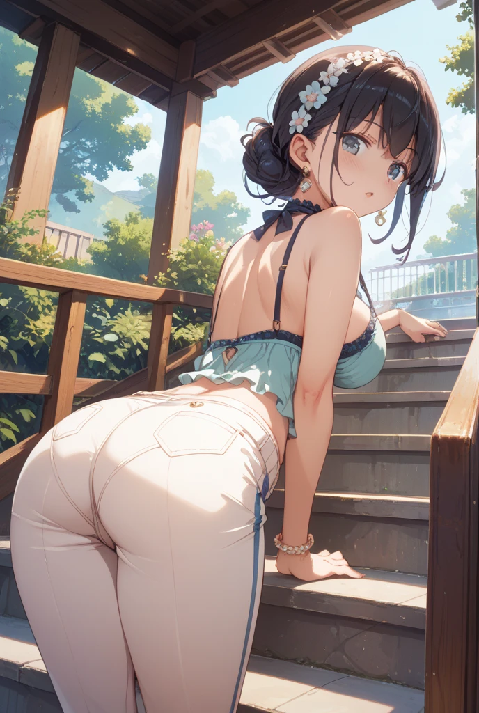 Highest quality, Very detailed, ,((blush)),((((Backwards)))),Stick your butt out、Show me your ass、Chrysanthemums on the back、Look up at the sky、String、On all fours、Japanese Bath、turn around、dizzy、