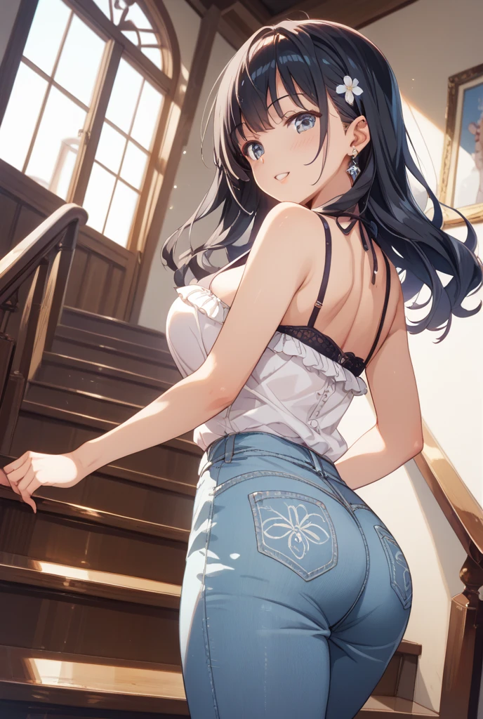 Second dimension beautiful girl、Top is black bra、The bottom is a navy blue mini skirt、black tights、smile、、Black Hair、ponytail、Diagonal rear view、corridor