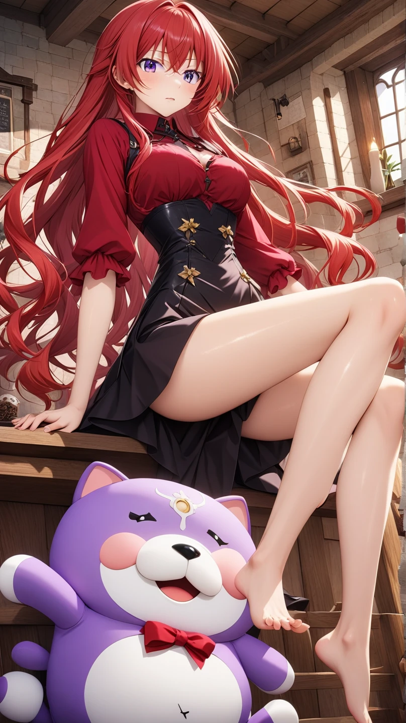 Queen, red hair, long messy hair, beautiful, red eyes, chubby, large chest, cleavage, thicc thighs, lollipop, sitting on couch, 