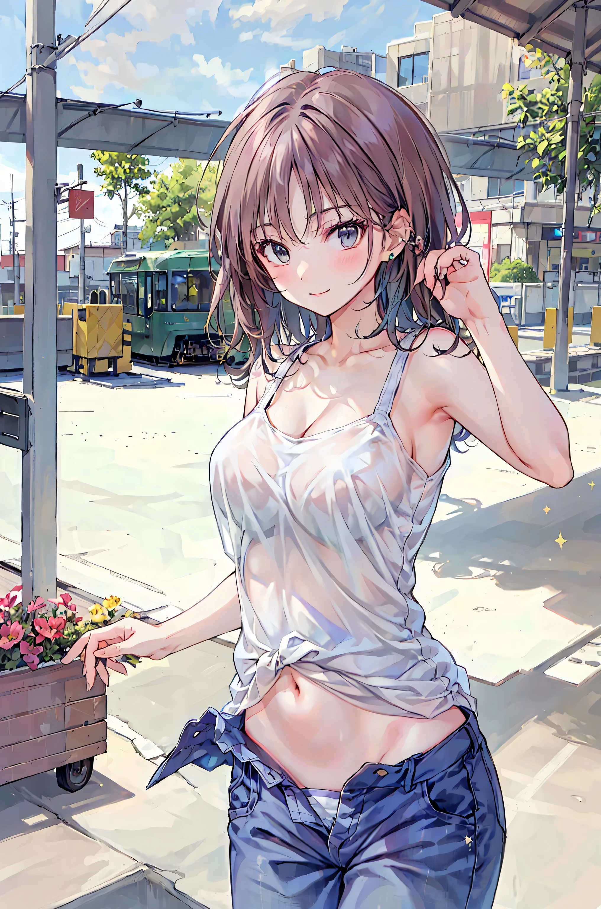 It's a girl in a swimsuit。shorth hair、shores