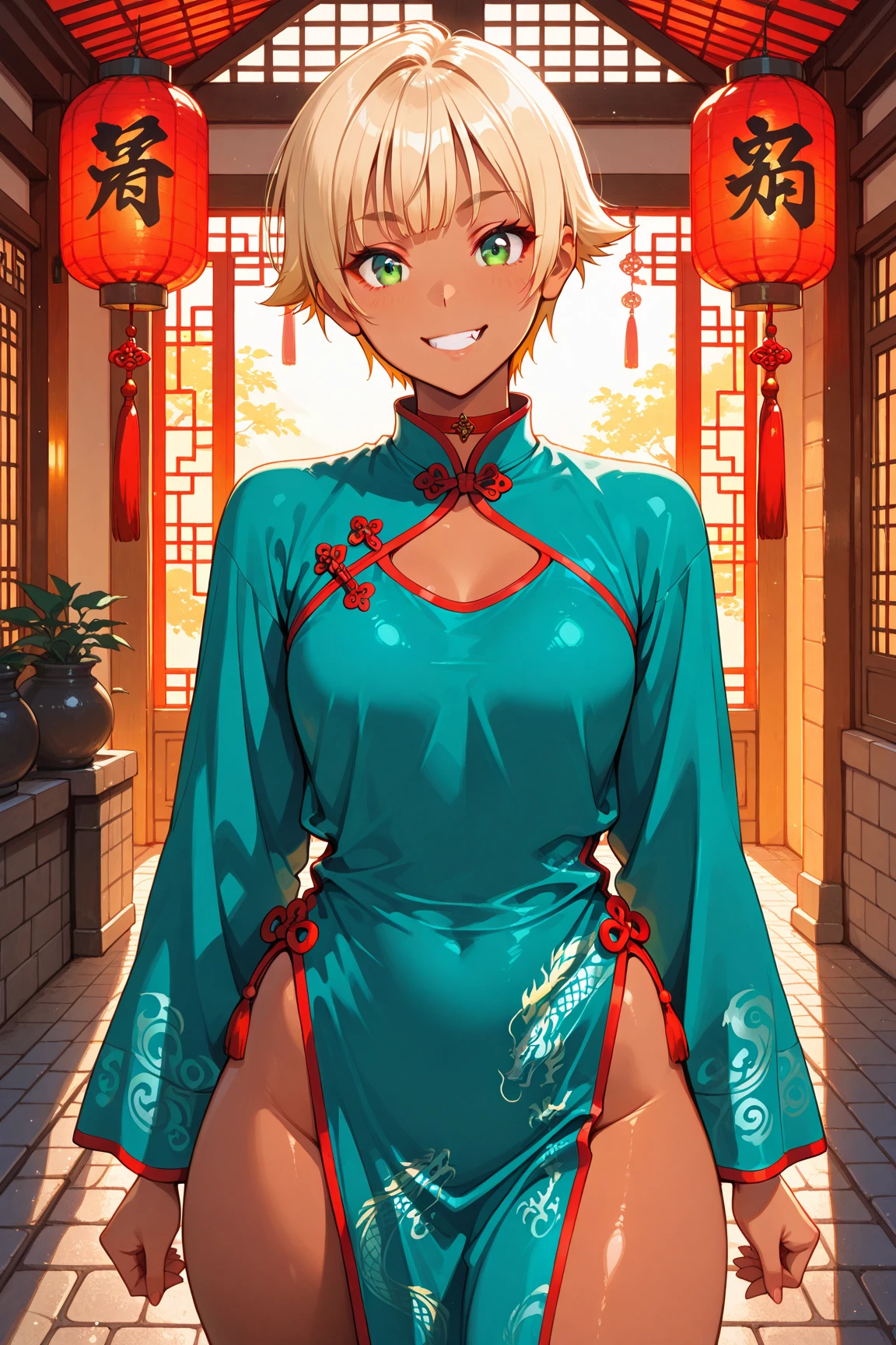 score_9, score_8_up, source_anime, solo, 1girl, tomboy, dress, hellsing, lole, young, ((aged down)), ikuchan, blonde hair, blonde hair, oriental, Chinese dress, short dress, indoors, smile