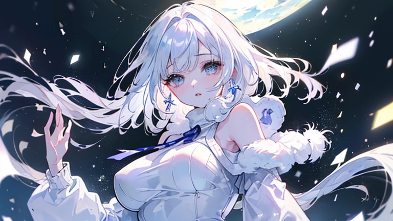 She has navy blue fur, light blue eyes, a singular fang, and a black ribbon with a light blue rose around the white fur on her neck. SPARKLE; GLITTER