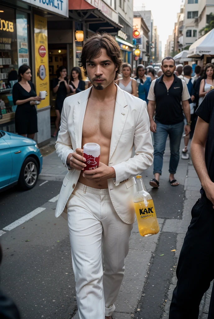 American+Japanese handsome young man, walking in Tokyo city centre street in 1990, walking with shirtless, wearing a white socks, nude body, thong underwear,small waist underwear, many gold necklaces, watch,rings, golden belt, bare feet,among many people in blur background