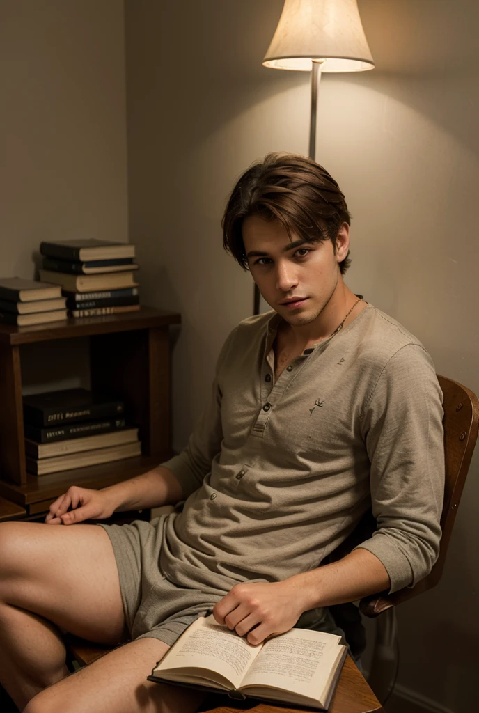 A sexy man sitting next to a window, looking at the camera seductively, beautiful room filled with books,and plants, sunlight coming from window , homoerotic, nsfw