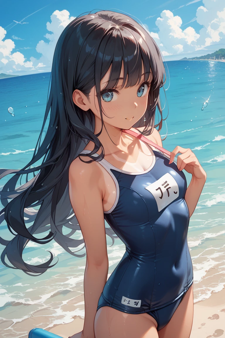 (masutepiece:1.2), (Best Quality:1.1), hyper detailed illustration，beautiful artwork，(Extreme Detail CG Unity)， (8K wallpaper)、​(exquisite lighting and shadow)、(highly dramatic picture)、(cinematic lens effects)、 teenager girl standing on the sandy beach，(school swim wear), 1girl in, (School Swimsuit:1.3), Solo, onepiece swimsuit, Outdoors, Long hair, Wet, Covered navel, skyporn, Water, Black hair, (Big smile:1.2)，open mouth， Brown eyes, day, Small breasts, Bangs, Sunlight, through thighs, Blue one-piece swimsuit，(Wet:1.1)，(straggling hair:)， Dramatic Horizon，ponytail，(The swimsuit is wet:1.2)，(Lens Flare)，(Tsurime)，(from above)，(Sweat)，salute，
