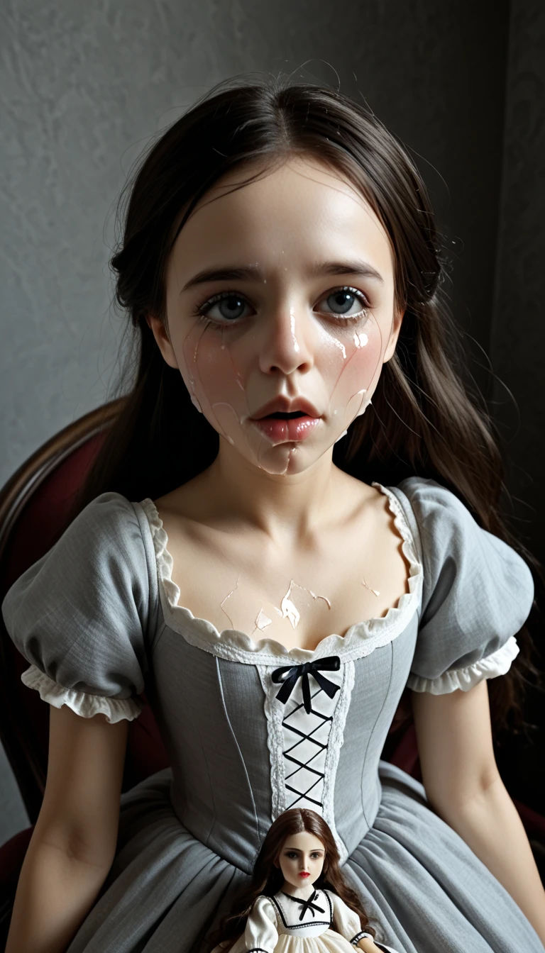 "A broken porcelain doll with a sinister look, thrown on the floor in a dark environment.