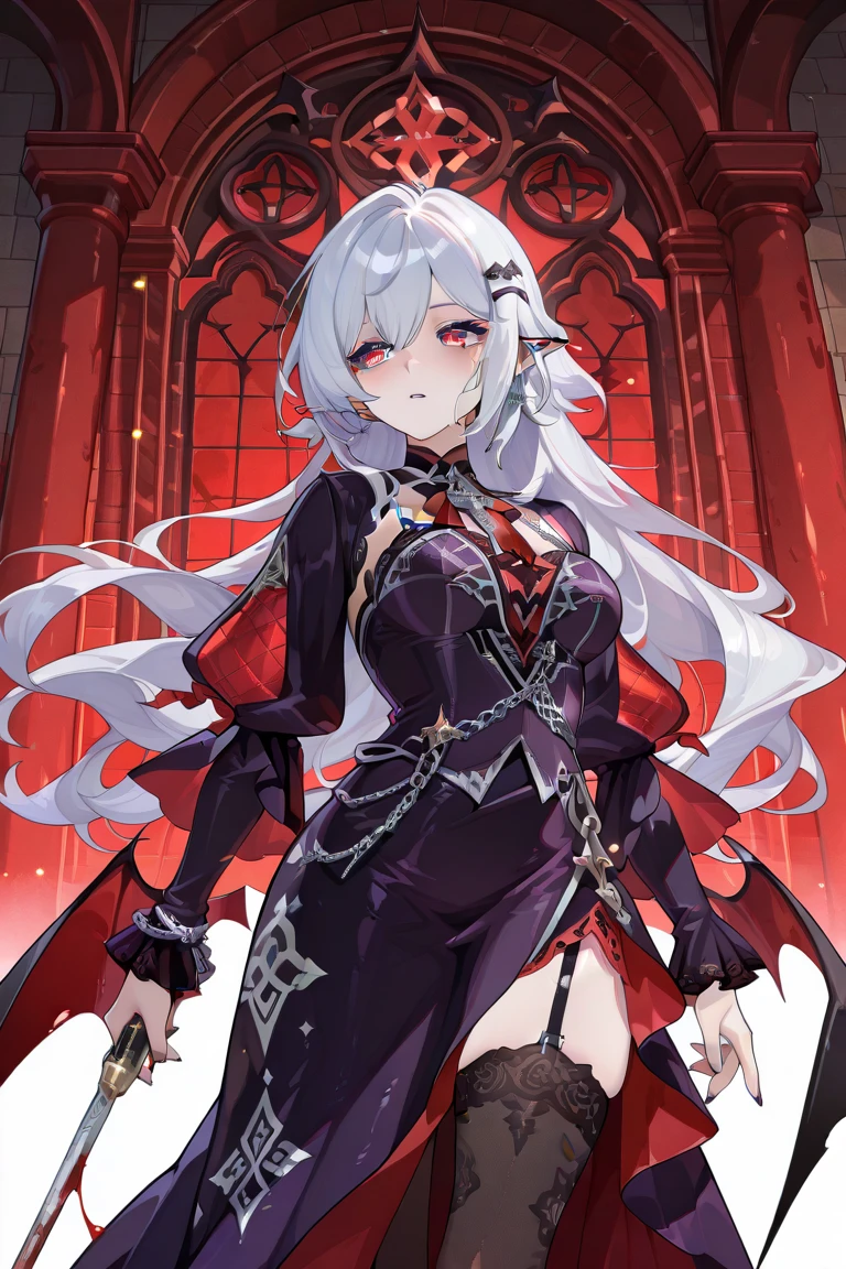 <lora:blazing_cartesia_the_virtuous-000006:0.8>blazingcartesia,pale skin, white hair, chest is covered with black silk,  Hair ornaments, gauntlets, red dress, detached sleeves, bare shoulders,black veil,standing,stained glass,1girl, long hair, full body,masterpiece,solo,beautiful detailed eyes,finely detail,detailed face,vivid color,5 fingers,finely detailed,hyper detailed,detailed hand,8k,finely detailed beautiful eyes,high resolution illustration,best quality,