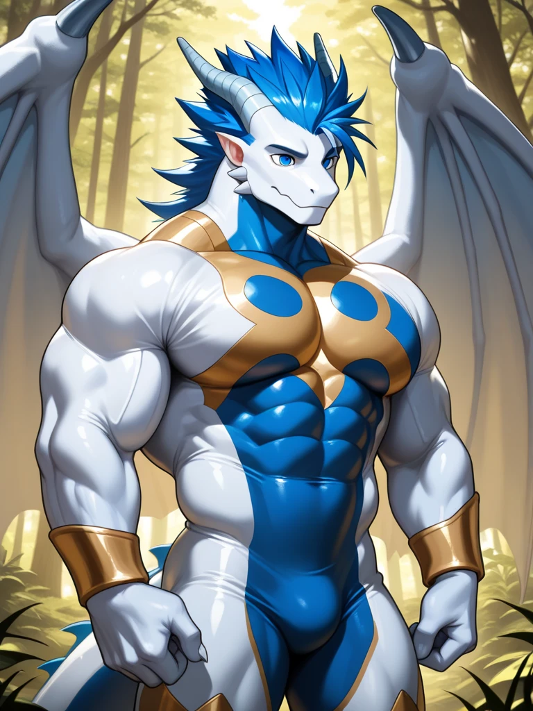 <lora:samurott-06:1>, samurott, orange eyes, (pose:1.3), (posing:1.3), (soft shading), 4k, hi res, five fingers, detailed hands, ((detailed face, (detailed eyes:1.3), detailed)), (full body), by zackarry911, by zaush, (by personalami:0.5), solo, looking at viewer, smile, 1boy, closed mouth, standing, male focus, cowboy shot, blurry, muscular, blue background, abs, muscular male, bright pupils, helmet
