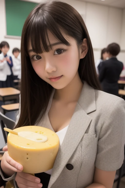 RAW photo, 8K, realistic, masterpiece, (1girl),18yo, plump, laugh, (huge donut is behind of girl:1.3), school