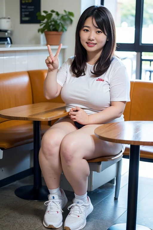 cute Malay girl with hijab seating in hipster cafe, happy, smiling, nighttime,wearing T-Shirt, large pink sneakers, soft professional lighting, blur background, cool ambient, bokeh, small breast, small waist, small head, short body, wide hips, thick thighs, thick leg, small head,