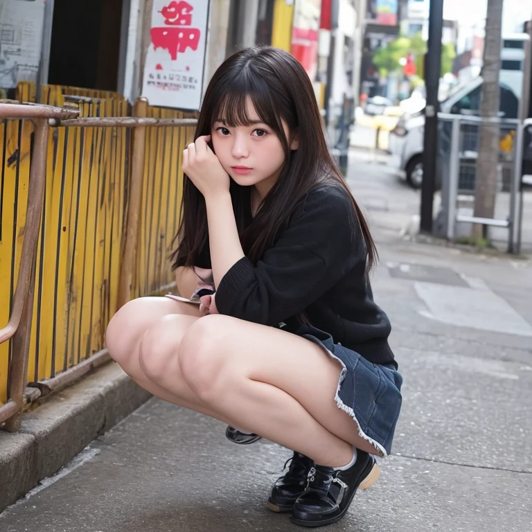 Girls with short hair and bad hair，校服，fishnet stockings，Platform sandals，big white legs，Full body photo，Sit on the steps with your legs open，
