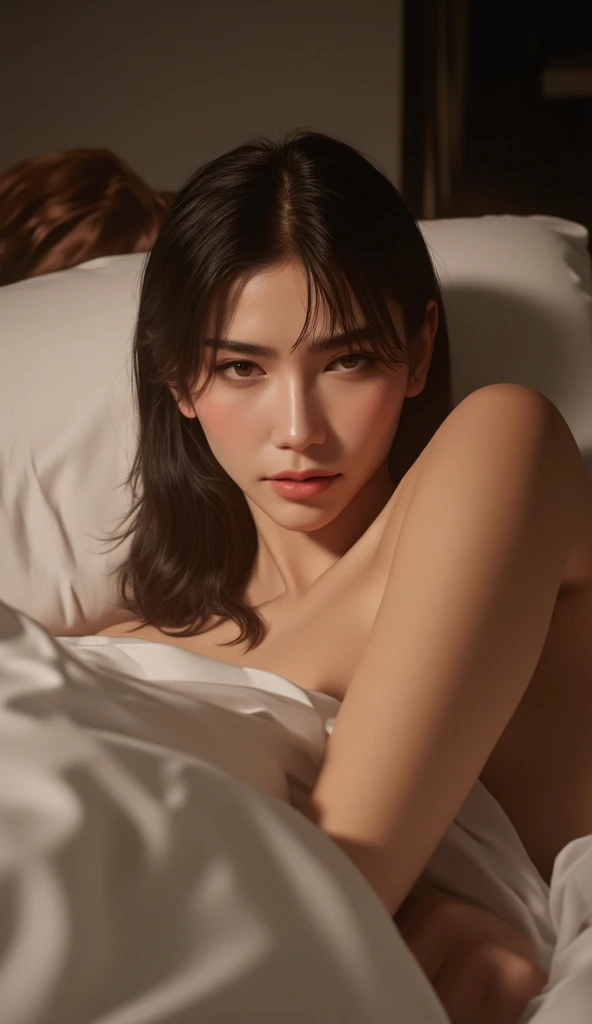 (Hyper-realistic), (Illustration), (High resolution), (8K), (Extremely detailed), (Best Illustration), Yol , (Beautiful detailed eyes), (Best Quality), (Ultra-detailed), (masutepiece), (Wallpaper), (Detailed face),(Accurate Hand Modeling),Solo, Upper body, Focus on Face, 1 girl, Long Black Hair, Korean, Thin eyeshadow, A detailed eye, Brown eyes, Small moles under the eyes, very slender legs,Small breasts,Smaller chest,Sleeping Girl,low illuminance, Night, Dark,a dark night,sleeps in a bed,Naked,angry,M-shaped legs,Shoot a girl from right above the bed、Mangli return,Clitoral massage,All ,Intense Sex,Shameful face,The girl looks away,Open the by hand,