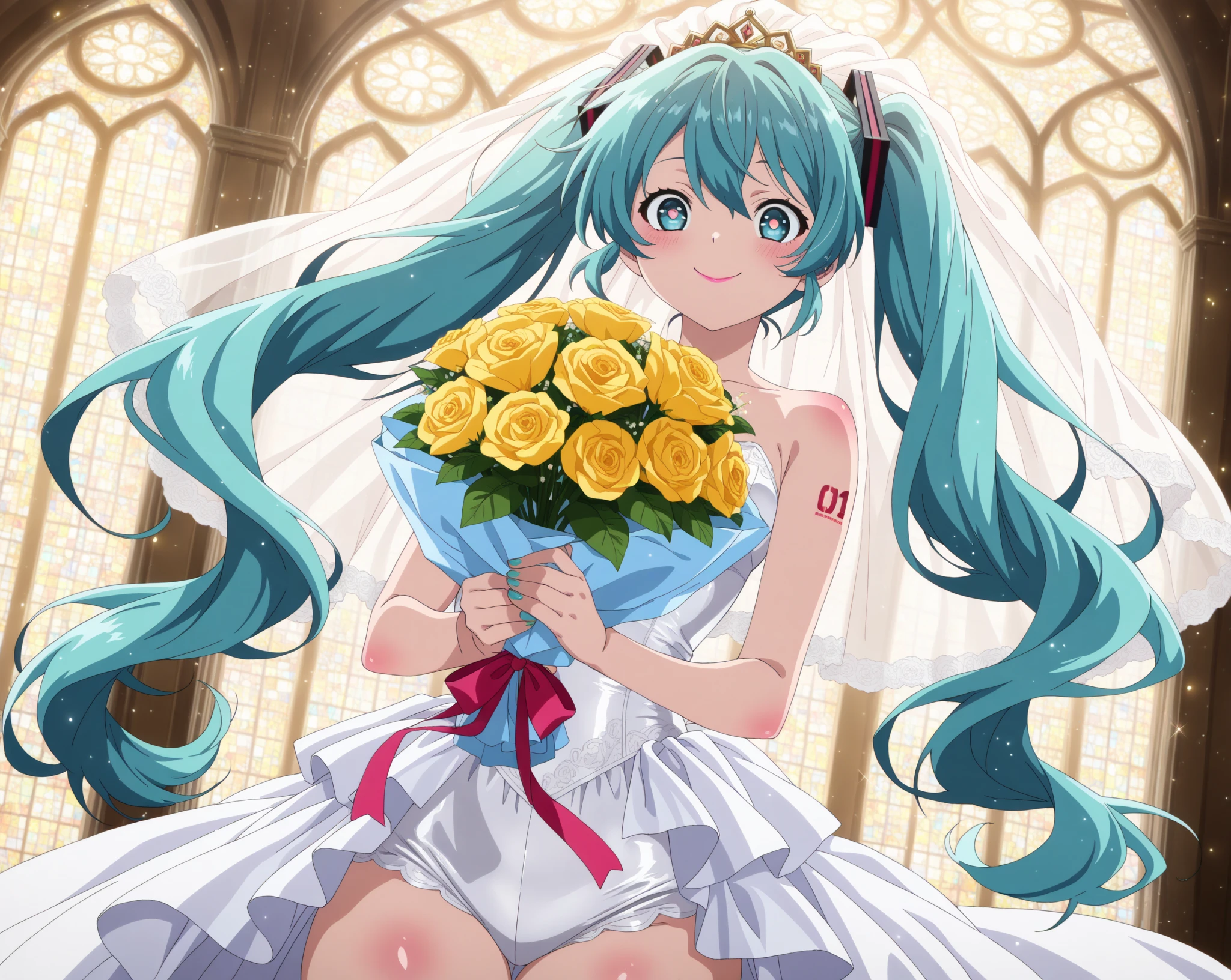 hatsune miku, yellow eyes, very shame, very cute, wedding dress, holding a bouquet, showing the tongue, big tits