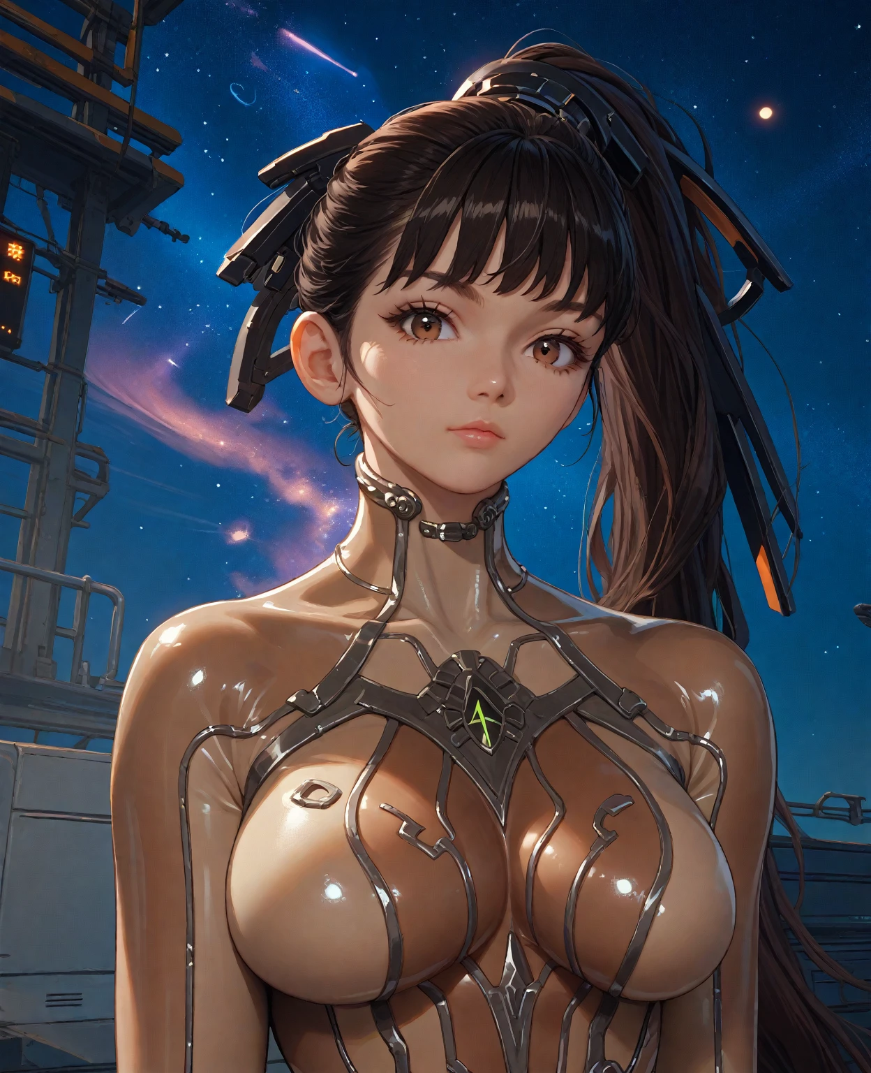 Sexy young looking girl. Universe in the background. Steampunk. Anime style. NSFW