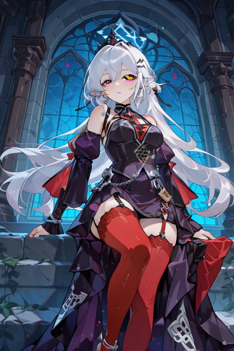 ((in a desert:1.5)), a matured woman with long hair and a white outfit, (resting in oasis:1.2), Arabic, Post apocalyps, from arknights, artwork in the style of guweiz, bodyesbian, fine details. girls frontline, beautiful anime illustration, from girls frontline, by Yang J, stunning, 26 years old, (solo:1.5), (sfw:1.25), sagging breast, large breasts, big tits, thin waist, big ass, Raised sexy, (dark mahogany medium long hair, updo, hair over one eye, asymmetric hair, Carly hair, low tied),(musulman, Headscarfs, hair bands, head vandage, Turban), (ultra high resolution, 8K RAW photo, photo realistics, weak outline:1.3, clear focus), best qualtiy, natural lighting, blurry back ground, field depth, (Bright pupils, detailed beautiful eyes, high detailed face), Red lip, looking at viewers, (tight focus:1.2, from below), sexy posing, seductive weak smiling, center image, (wearing white long jacket and clothes, wearing short pants, gold ornaments, white clothes rolling around waist, camel-brown long leather boots, translucent lace pantyhose), ((correct anatomy:1.5)), ((outdoor:1.2)),