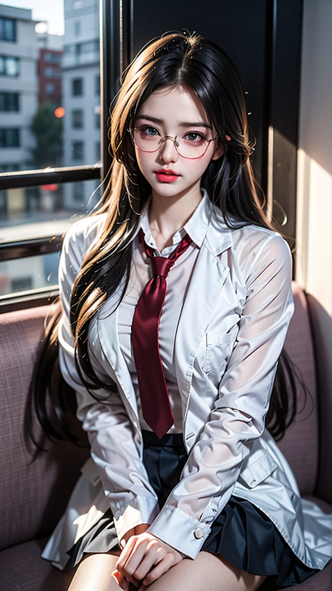 Best quality work，Actual work，Ultra Premium Graphics，8K HD CG works，High quality graphics，High-definition CG works，10x pixels，Extremely fine detail：1.1，Advanced Technical Details：1.1 Photorealistic，Indoor lighting effects：1.5，Natural light：1.5. Light effects（virtual Light effects：1.8），（(short chestnut hair)）、（Bob Hair），Clear Eyes，Beautiful double eyelids，Sharp eye makeup, Delicate eyelash makeup, Thin eyebrows, Highly detailed eyes，High nose, Nice red lips, Rose Cheeks, A face with subtle makeup , Cute face, perfectly balanced face,（Advanced Face Detail：1.1），（(Girl sitting on chair in library))、Best quality work，Actual work，Ultra Premium Graphics，8K HD CG works，High quality graphics，High-definition CG works，10x pixels，Extremely fine detail：1.1，Advanced Technical Details：1.1 Photorealistic，Indoor lighting effects：1.5，Natural light：1.5. Light effects（virtual Light effects：1.8), Thin eyebrows，High nose, Nice red lips, Rose Cheeks, A face with subtle makeup , Cute face, perfectly balanced face，(girl in school uniform），A light-toned foundation enhances the clarity of your skin.，high school girl,(White blouse)、(Red tie)、(Dark blue checked skirt) 40k, photograph, ((Wear glasses, )). White skin, highest quality, Tabletop, Ultra-high resolution, (Realistic:1.4), RAWphotograph, (Perfect figure), (slim:1.3), Slim abdomen, Perfect slim figure, Dynamic Pose, alone, Cold light 12000K, Highly detailed facial and skin texture, Fine grain, Realistic eyes, Beautiful fine grain, (Realistic Skin), Charm, 超A high resolution, Surreal、((White panties are visible))、
