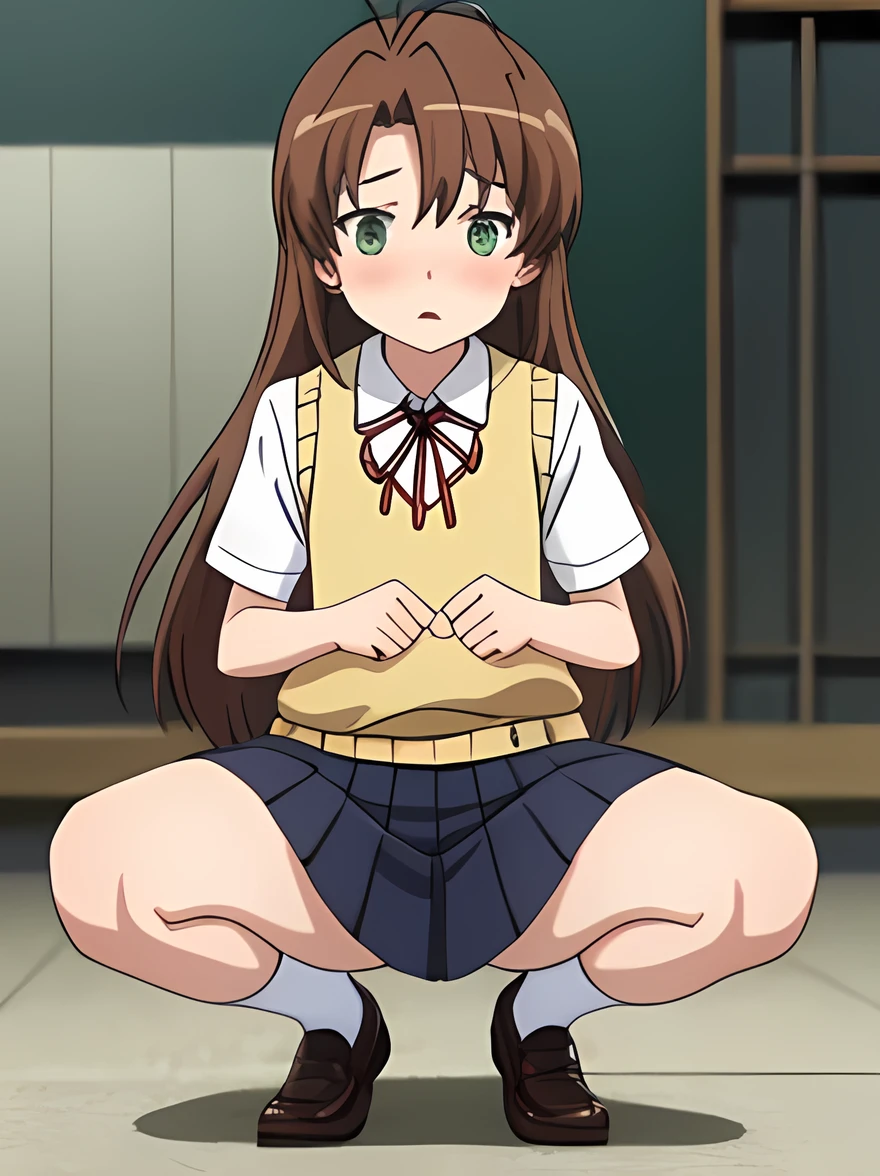 (masterpiece, Highest quality), One girl, (sayaka kirasaka), (Perfect hands, Perfect Anatomy), ponytail, Hair Ribbon, bow tie, White shirt, Purple Sweater Vest, Short sleeve, Pleated skirt, (Black knee socks), loafers, (pink lace panties), (squatting), Carboy shot, show off panties, Indoor 