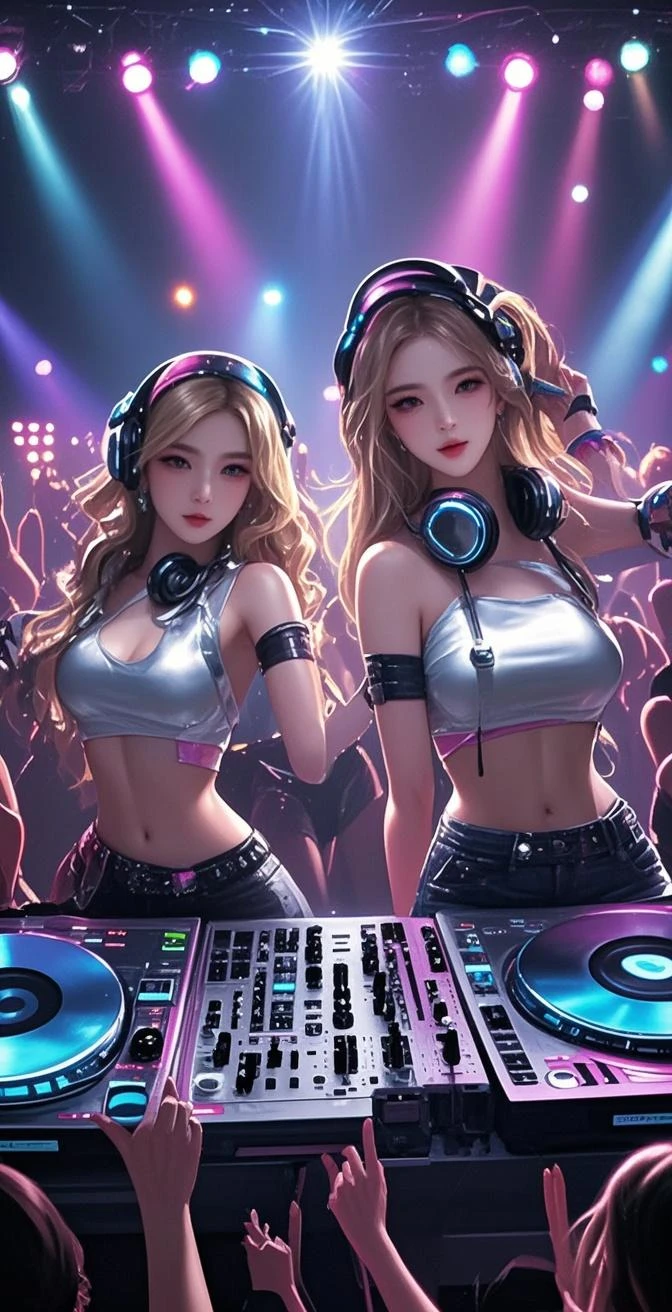 (ultra - detailed, 16K resolution, Cinema lenses, rendering by octane), (high resolution:1.18), intricate detail, (masterpiece:1.1), (highest quality:1.1), (1girl, portrait, white hair, blue eyes, short hair, detailed eyes),Wearing silver DJ headphones, Shiny silver sequined T-shirt, (Iconic hip-hop pop costumes:1.3), Smile while DJing on stage, full body shot of, The spotlight shines on the female DJ. Photorealistic photography by Disco Lighting, (cute round face:1.3), perfect fingers, five fingers, beautiful hands, perfect hands. master peace, cute smile.