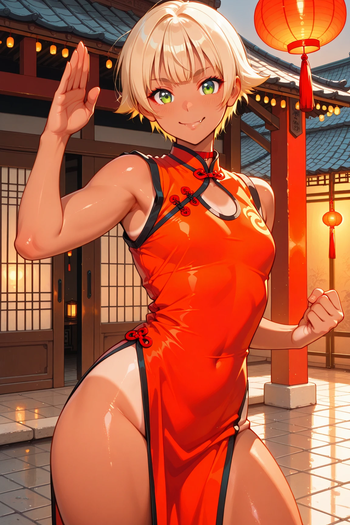 score_9, score_8_up, source_anime, solo, 1girl, tomboy, dress, hellsing, lole, young, ((aged down)), ikuchan, blonde hair, blonde hair, oriental, Chinese dress, short dress, indoors, smile